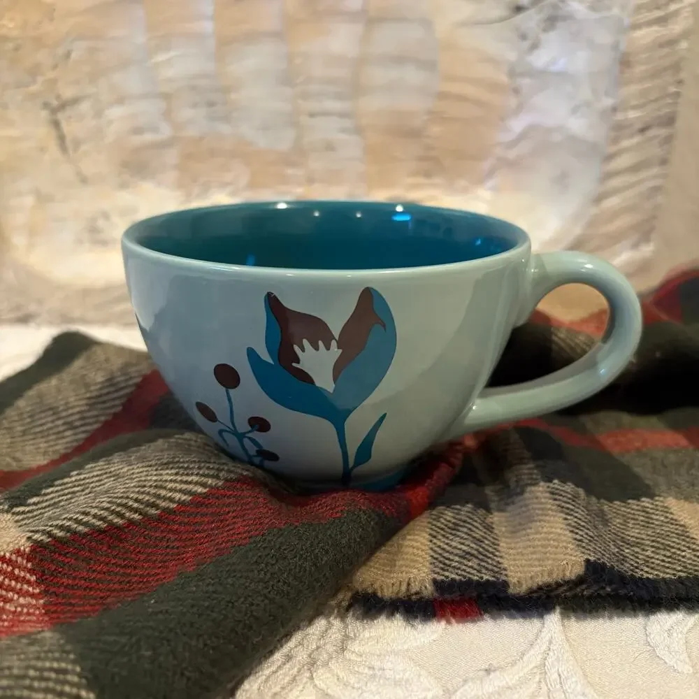 STARBUCKS COFFEE 2006 Coffee Tea Cup Mug Asian Inspired Floral Teal/Blue 12oz